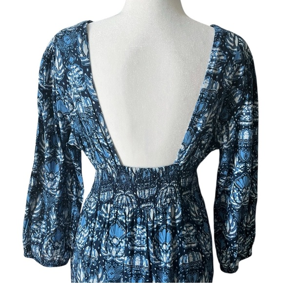 CAROLINE CONSTAS Blue Printed Size Medium Cotton Boho Midi Low V Neck Dress - Picture 8 of 12